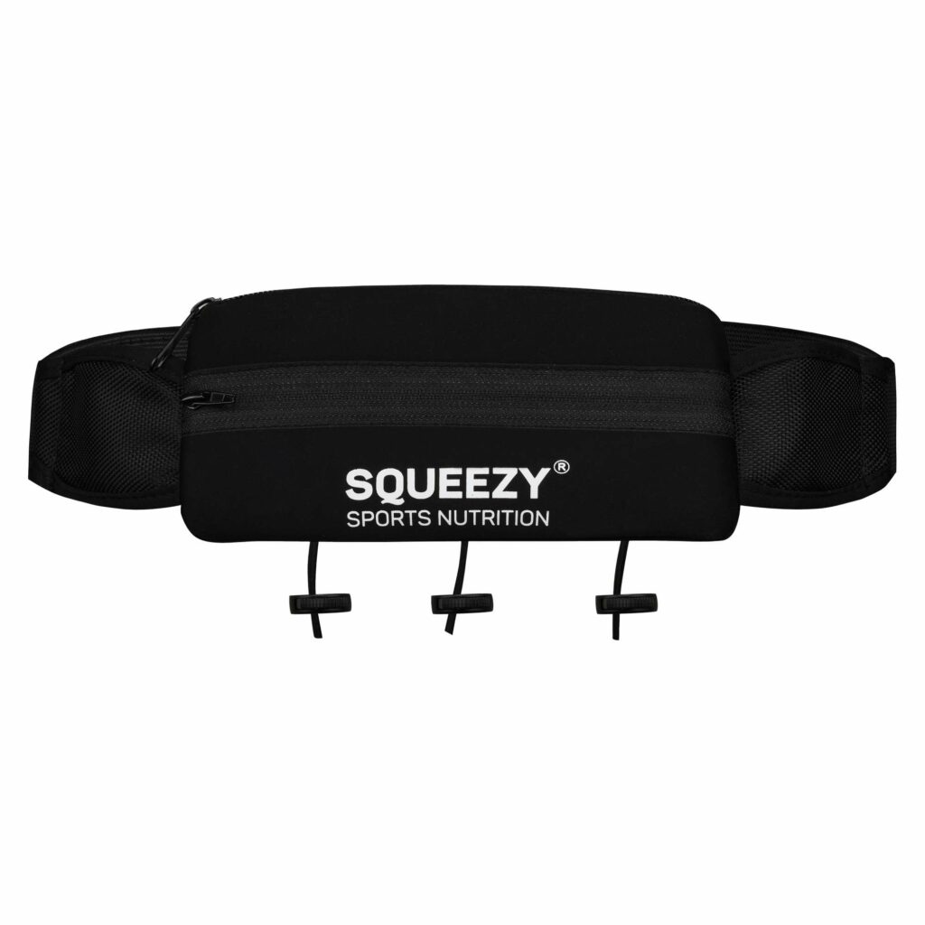 Løpebelte med oppbevaringslomme fra Squeezy Sports Nutrition, perfekt for oppbevaring av gels og småting under løping